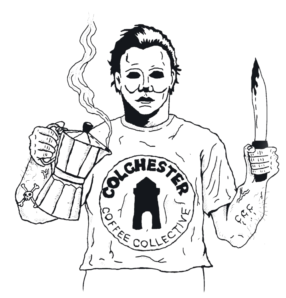 Michael Myers in a Colchester Coffee Collective tee, holding a moka pot and a knife