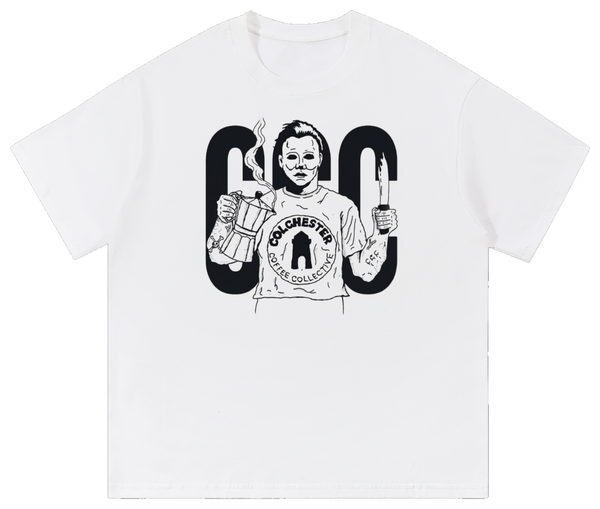 White Michael Myers Lost Wardrobe tee with the CCC roundel, hand drawn by Jack